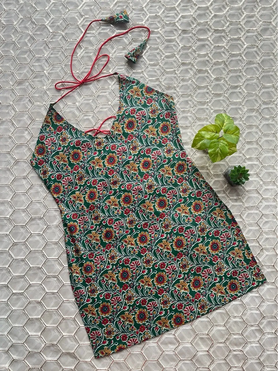 Floral Halter Neck Kurti - Green view 3