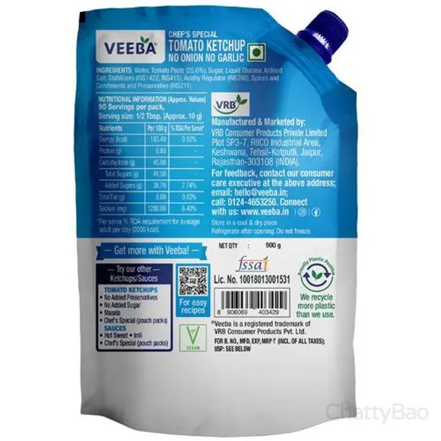 Veeba Tomato Ketchup - No Onion No Garlic 900 g view 2