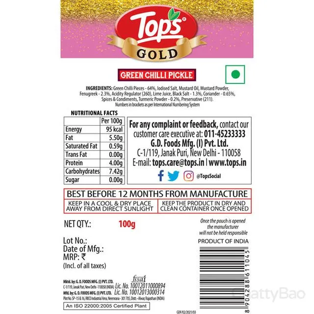Tops Pickle Green Chilli Pouch 90 g view 2