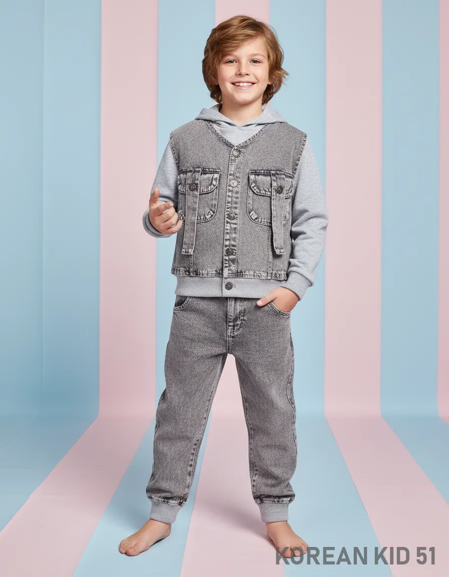 Denim Overalls with Grey Hoodie