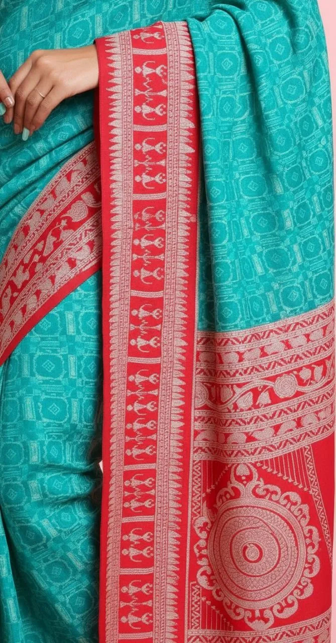 Traditional Woven Tribal Design Saree with Contrast Border & Tassels – Available in Multiple Colours view 4