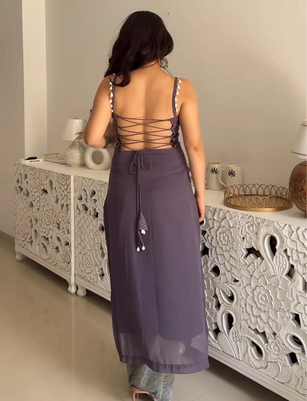 Long Chikankari Kurti - Grey view 3