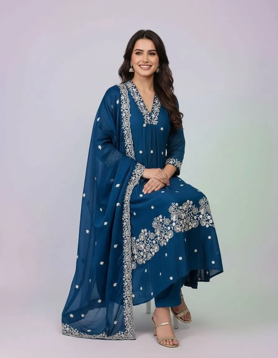 Embroidered Blue Salwar Kameez Set view 2