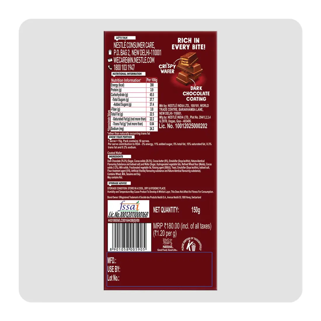Nestle Kitkat Dark Chocolate Coated Wafer 150 g view 2