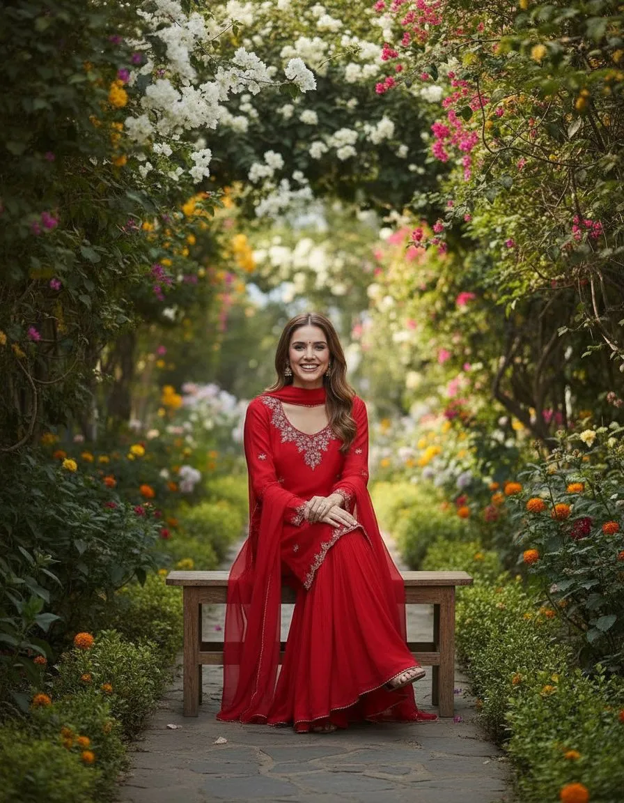 Red Embellished Anarkali Suit view 2
