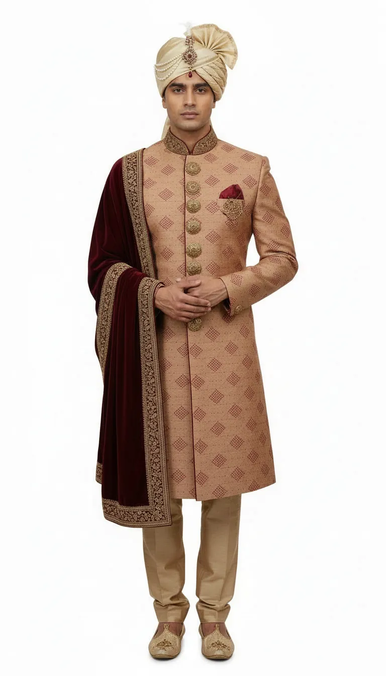 Designer Maroon combination Sherwani view 2