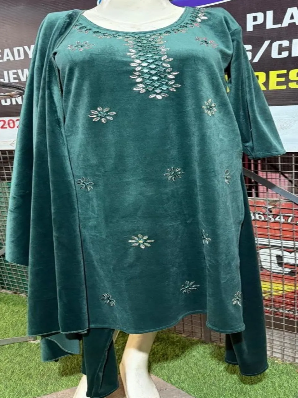 Embroidered Bottle Green Velvet Suit view 2