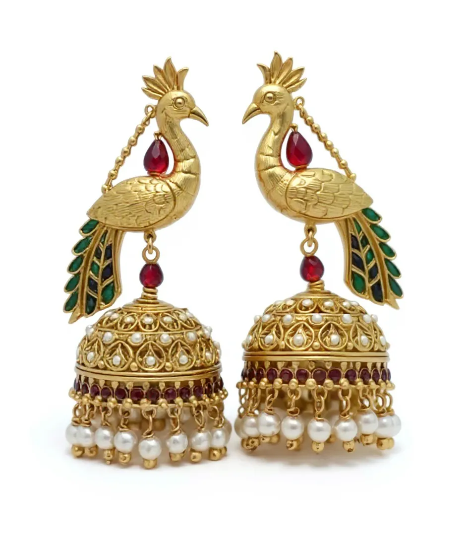 Peacock Design Gold Earrings view 2