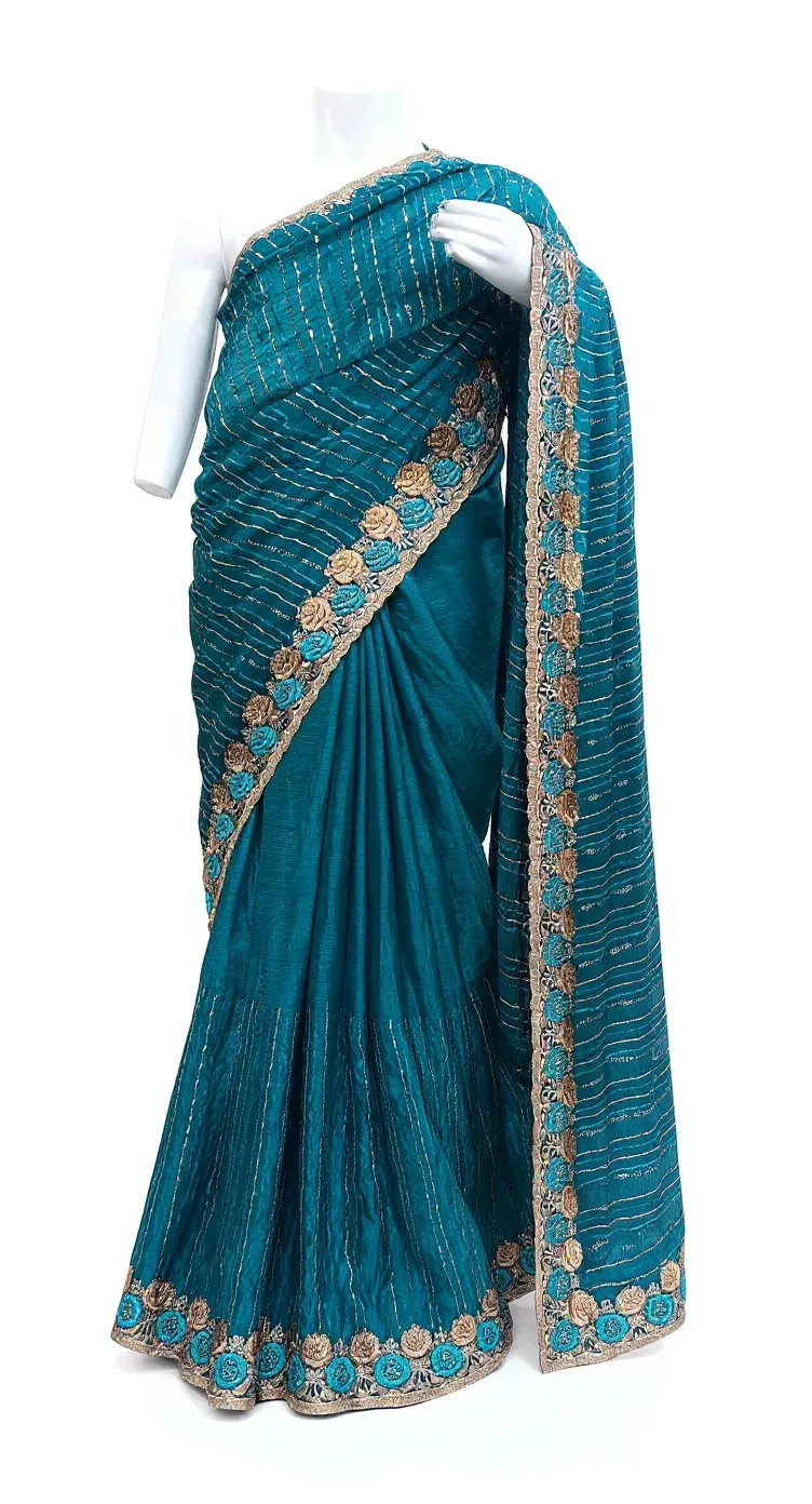 Teal Embroidered Saree view 2
