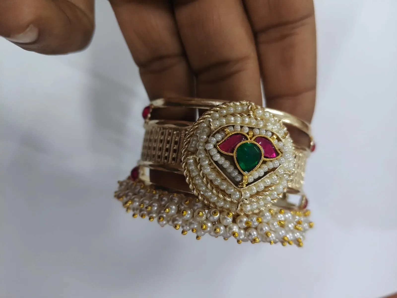Pearl and Stone Kadha Pachi Kundan Stone view 3