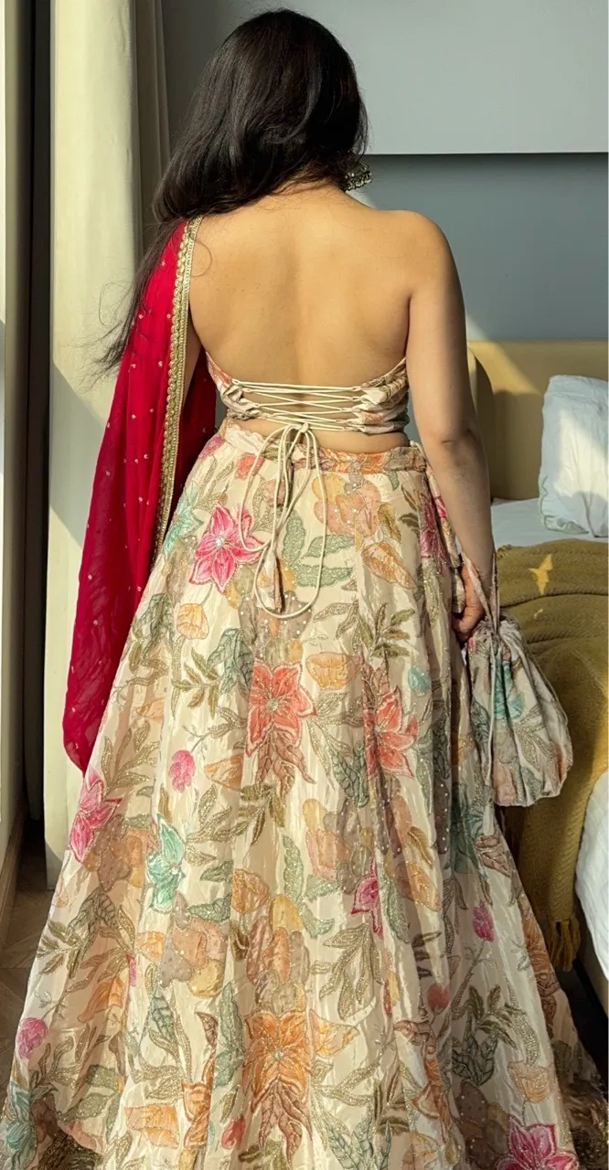 'Gulzar' Corset Lehenga- Beige view 3