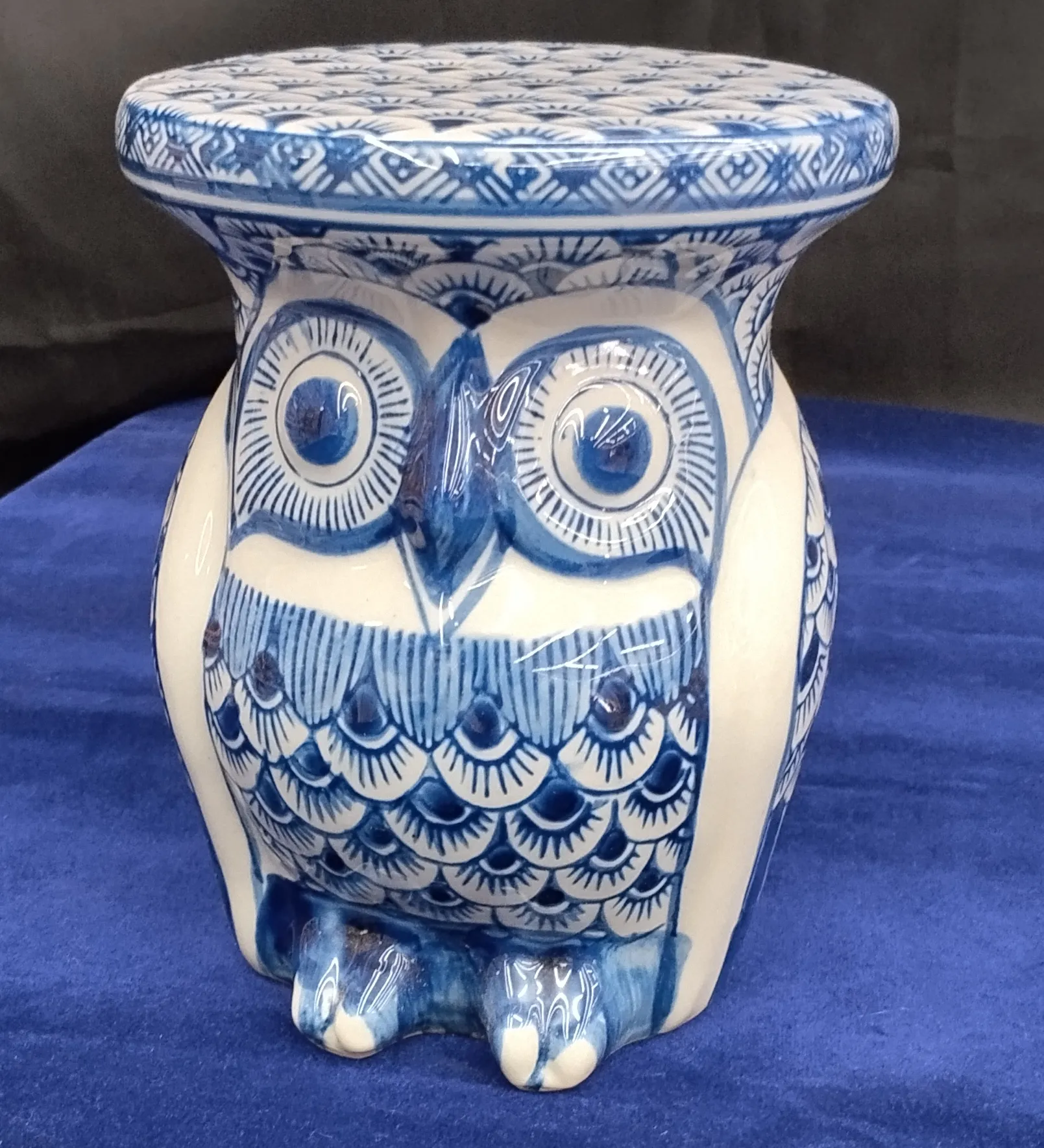 Blue Pottery Owl Stool view 2