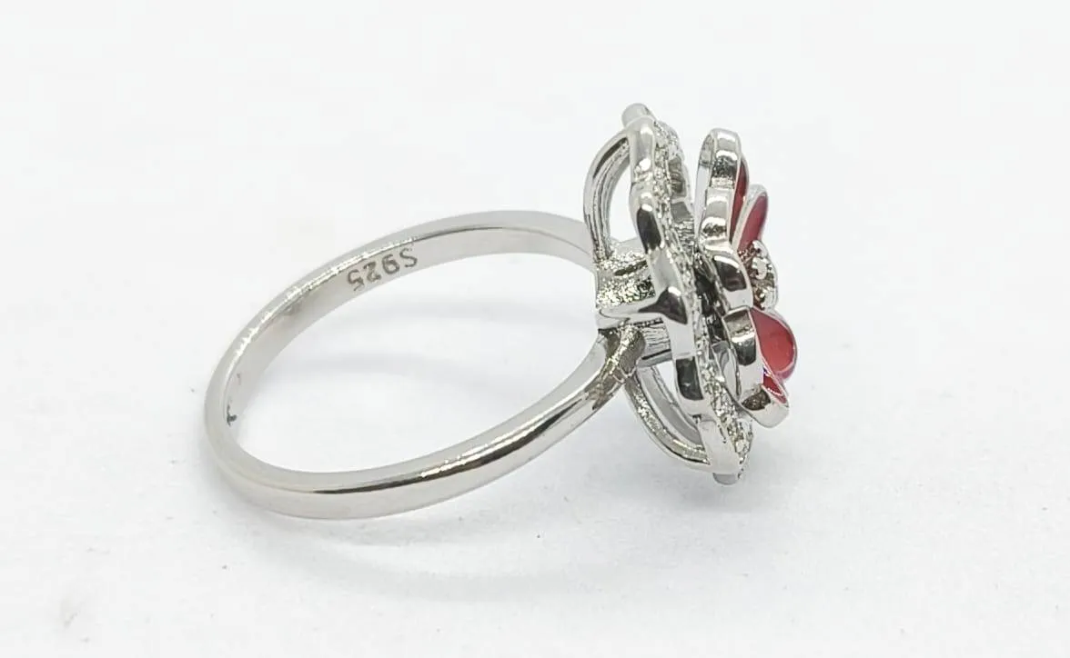 Red Floral Silver Ring (AVSLR-10) view 4