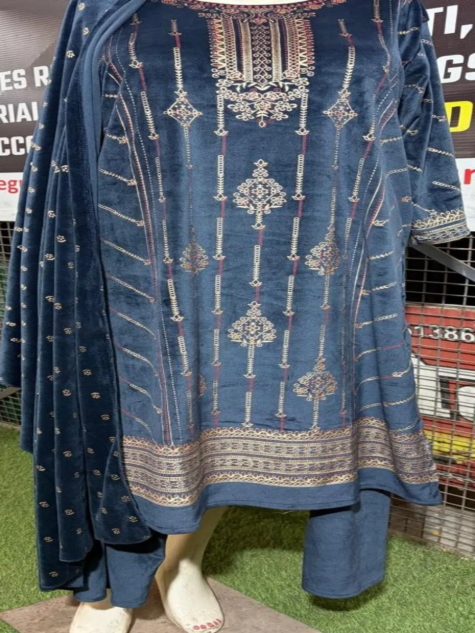 Embroidered Velvet Blue Suit view 2