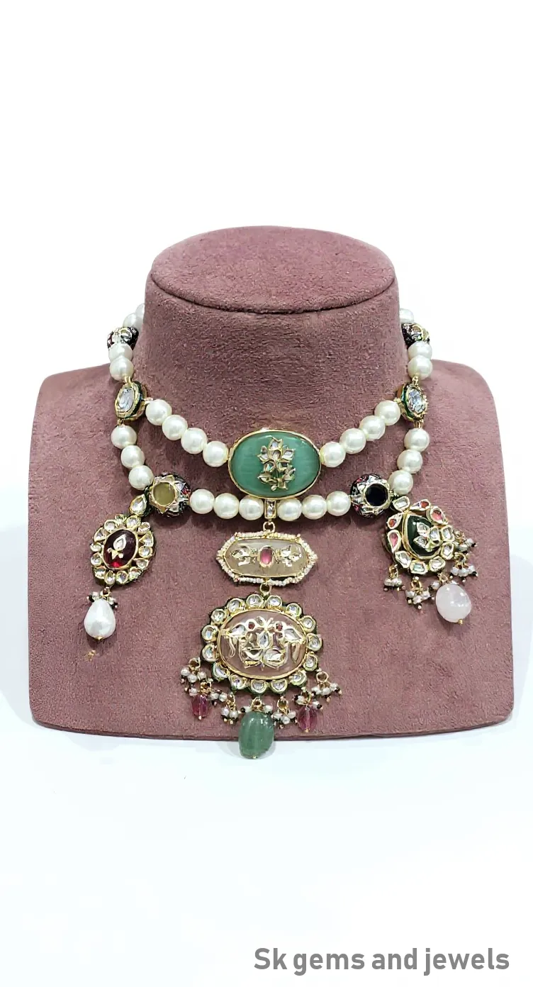 Pearl and  Stone Meena Kundan Jewelry Set view 2
