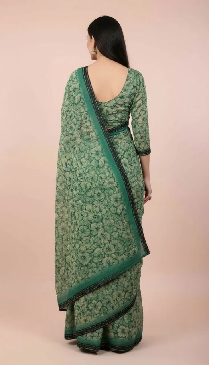 Elegant Green Floral Printed Saree with Designer Border view 4