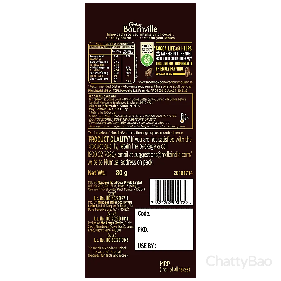 Cadbury Bournville Rich Cocoa 70% Dark Chocolate Bar 80 g view 2