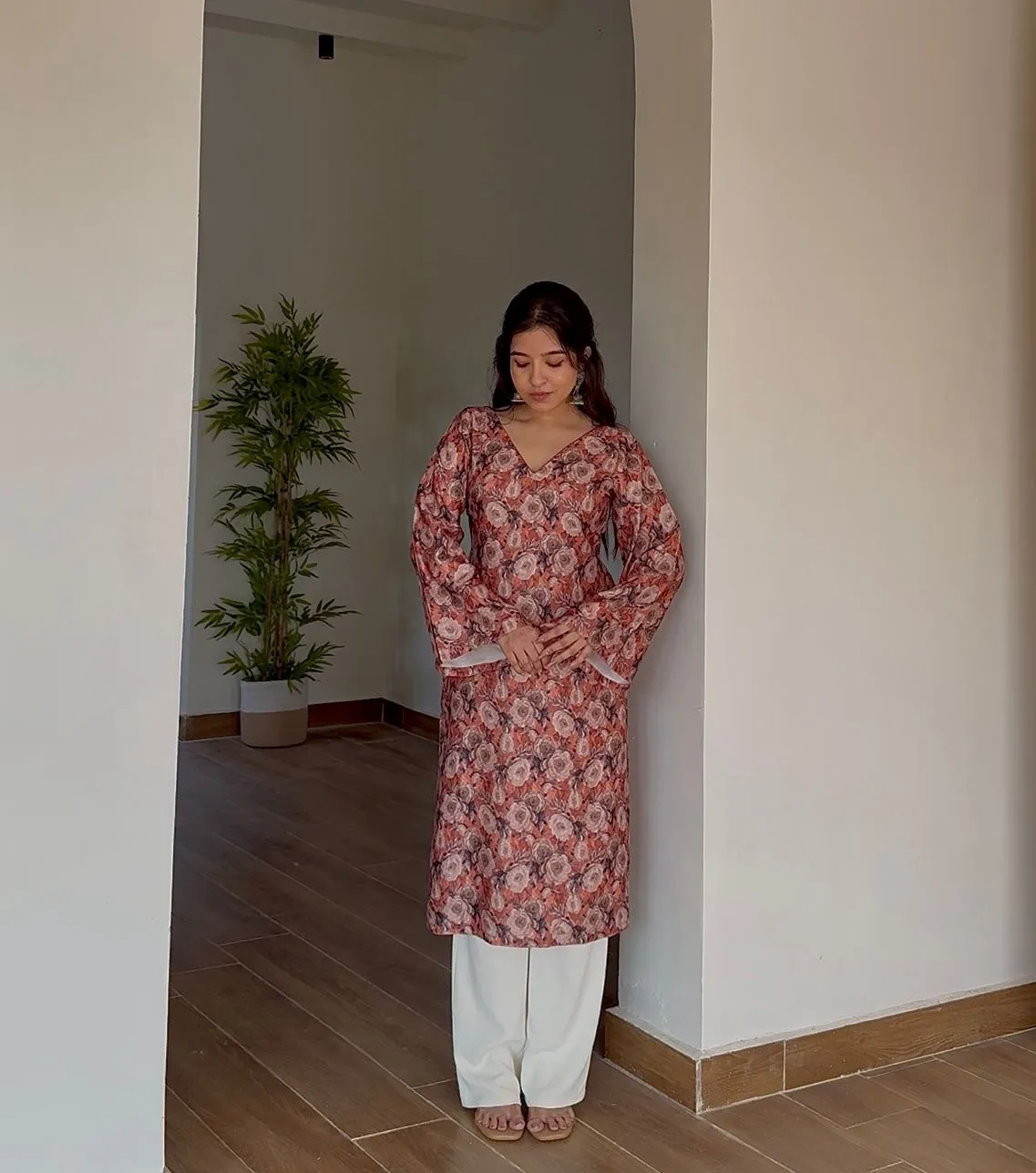 Brown Long Floral Woolen Kurti view 3