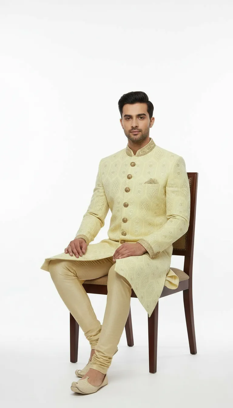 Mens Designer light lemon indowestern view 3