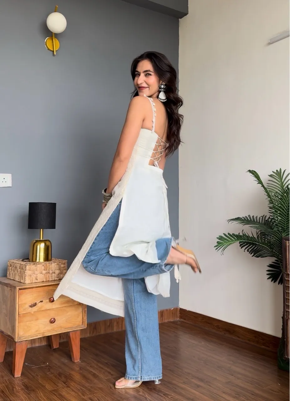 Long Chikankari Kurti- White view 3