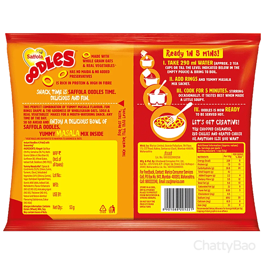 Saffola Oodles Instant Noodles - No Maida, Yummy, Masala Flavour 53 g view 2