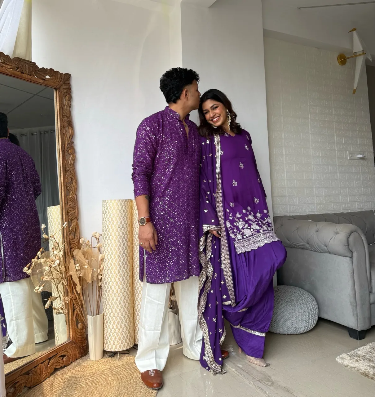 Checks Chikankari kurta and pant - Purple