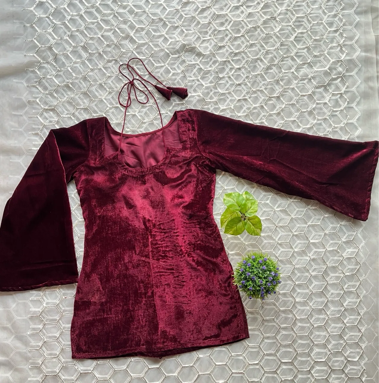 Velvet Halter Neck Kurti- Maroon view 3