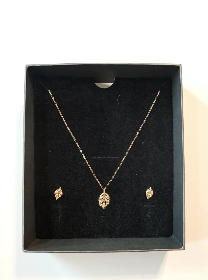 Rose Gold Leaf Pendant & Studs Set