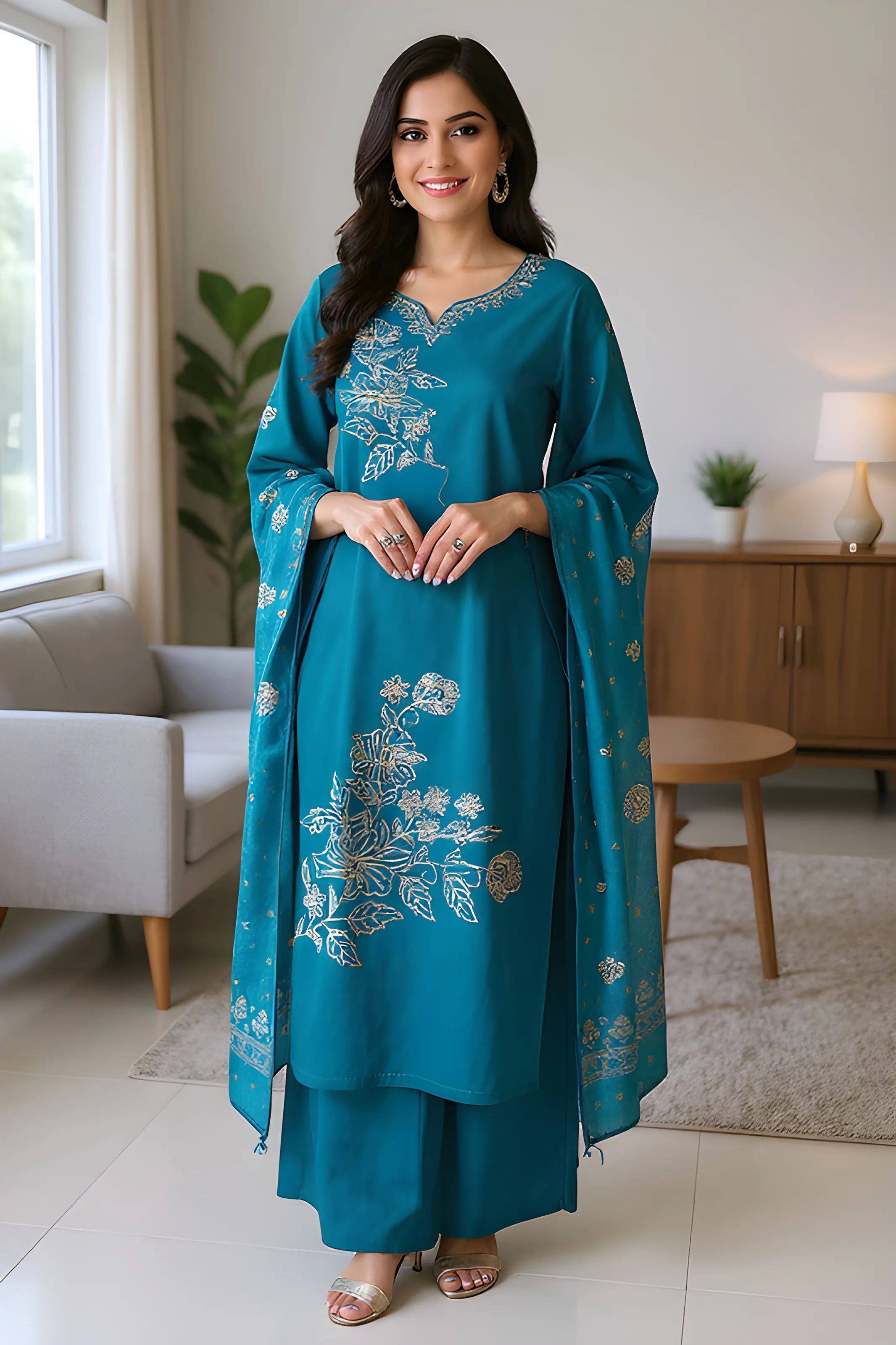Teal Embroidered Kurti Set view 2