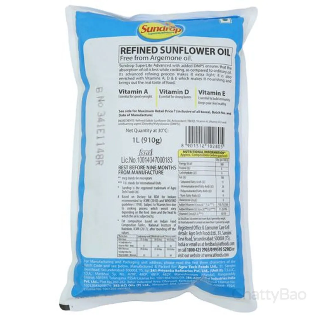 Sundrop Super Lite Advanced Sunflower Oil Pouch 1 L view 2