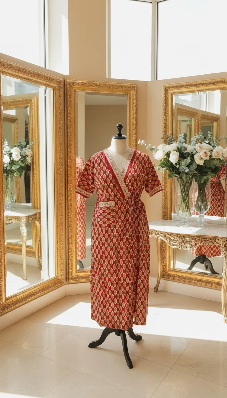 Red and Gold Patterned Wrap Dress