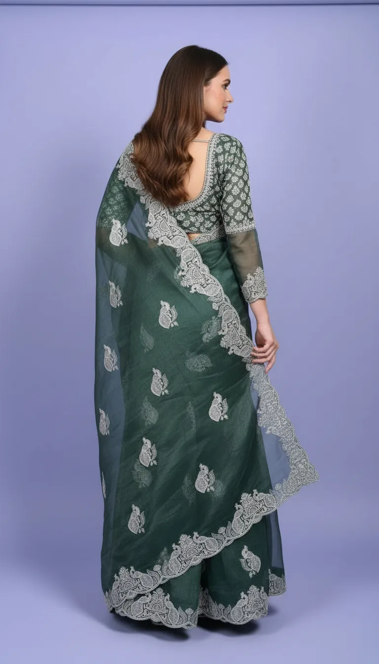 Embroidered Green Saree view 2