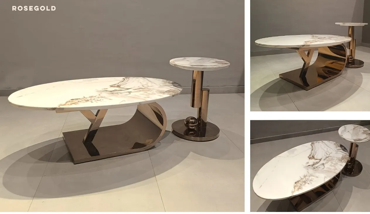 Rosegold Marble Coffee Table+Corner Table: IFC/CT/ES114/ROSE GOLD/1+1 view 2