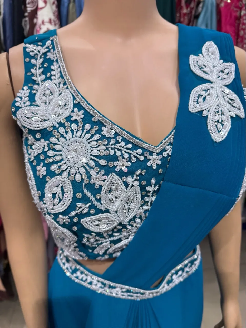Blue Embroidered Indo-Western Drape Saree view 2