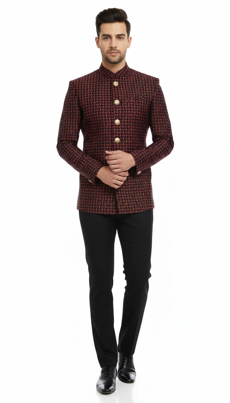 Designer Red Black Bandhgala Jacket Set view 4