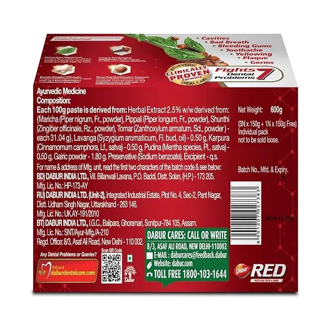 Dabur Red Toothpaste (Pack of 4 x 150 g each) 600 g view 2