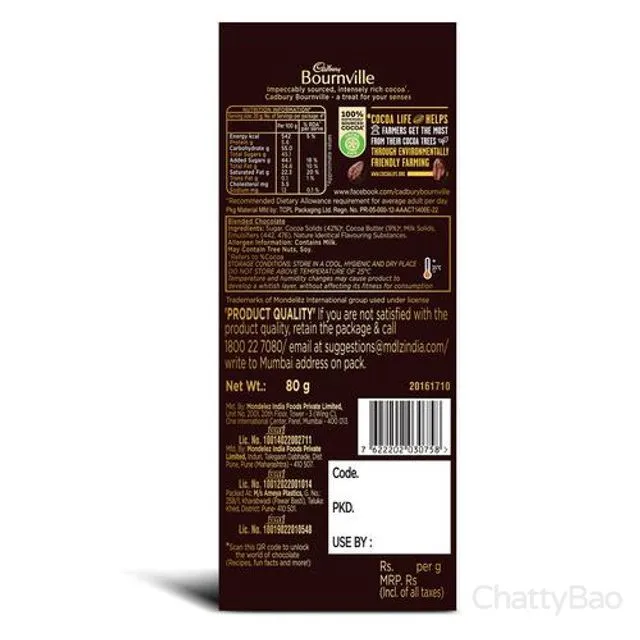 Cadbury Bournville Rich Cocoa 50% Dark Chocolate Bar 80 g view 2