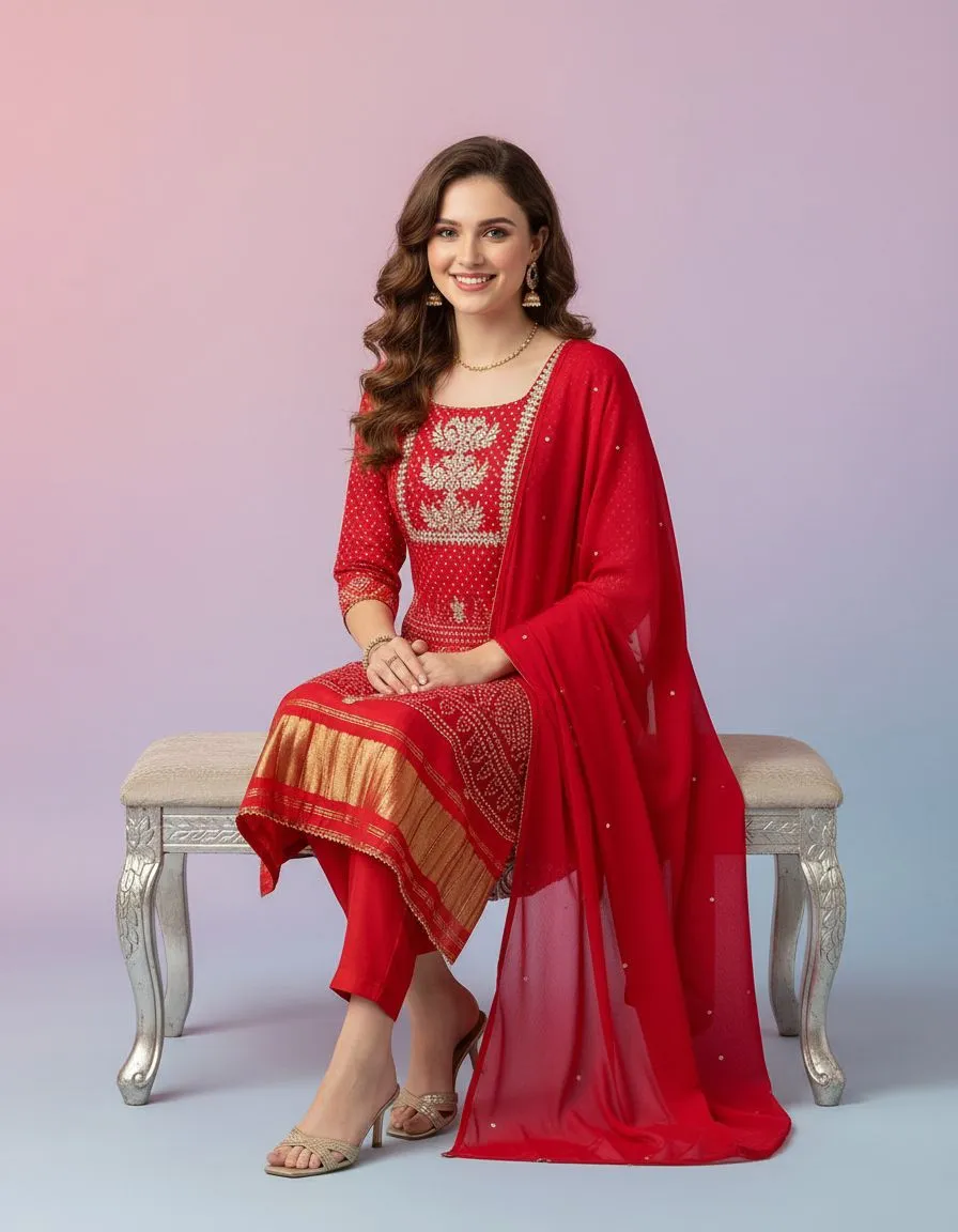 Red Embellished bandni Kurta Set view 2