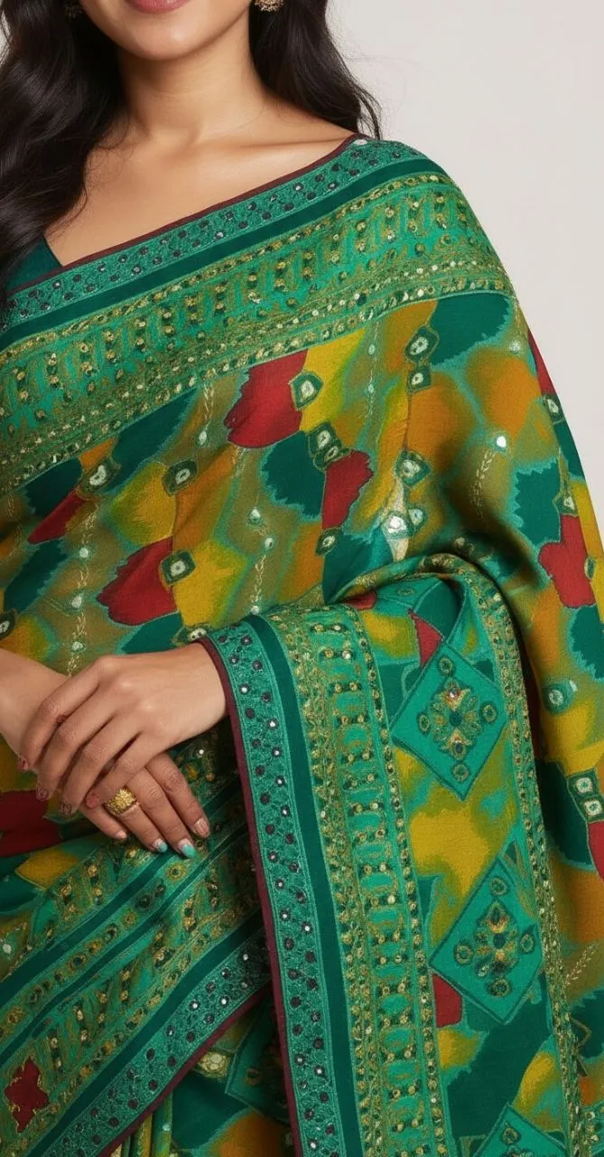 Elegant Green Printed Saree with Designer Border & Tassel Pallu view 3