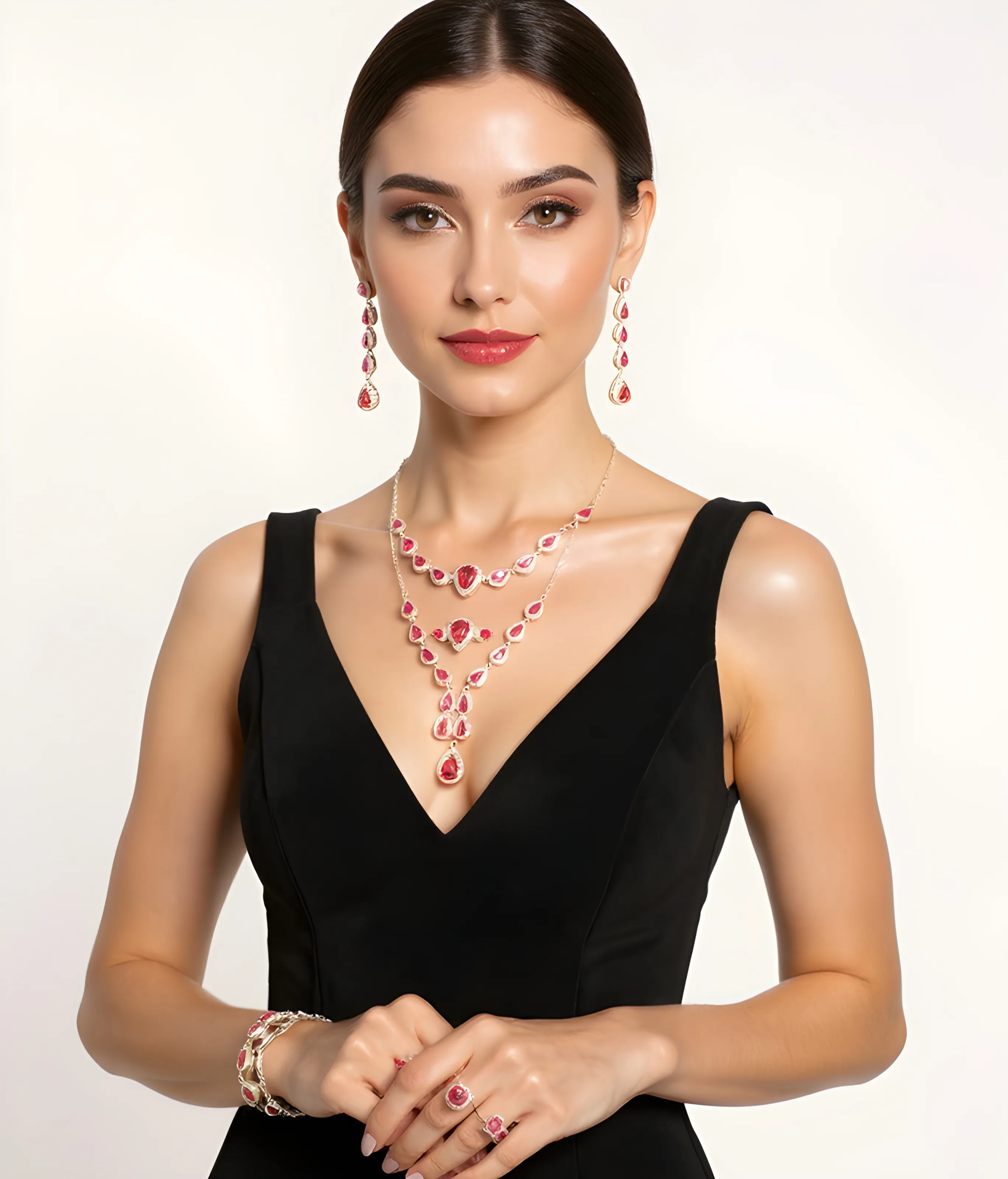 Ruby Drop Necklace and Earrings Set along with Ring & Bracelet view 2
