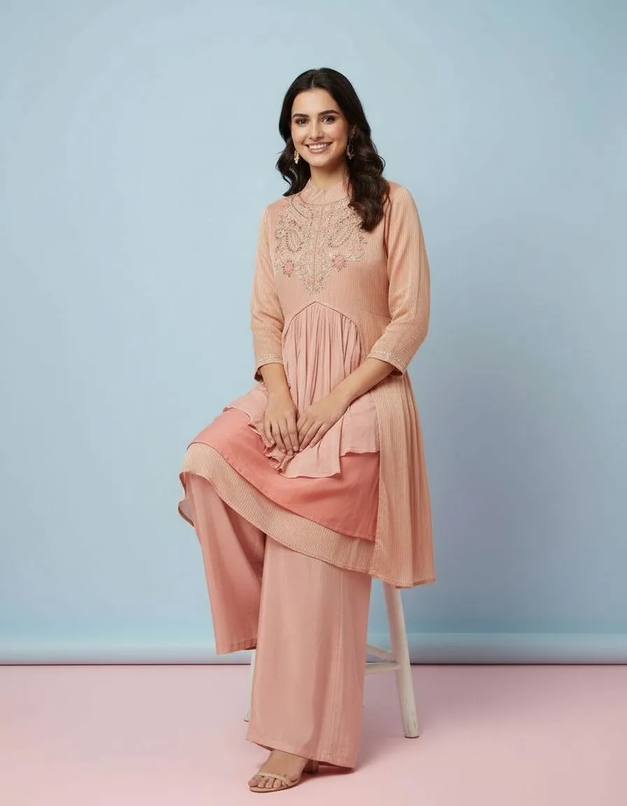 Embroidered Peach Tunic Set view 2