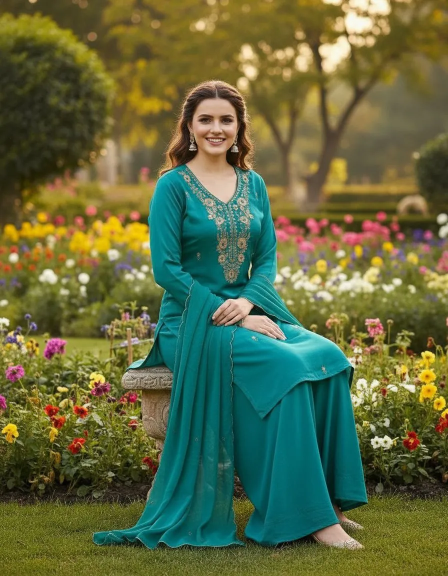 Teal Embellished Kurta Set view 2