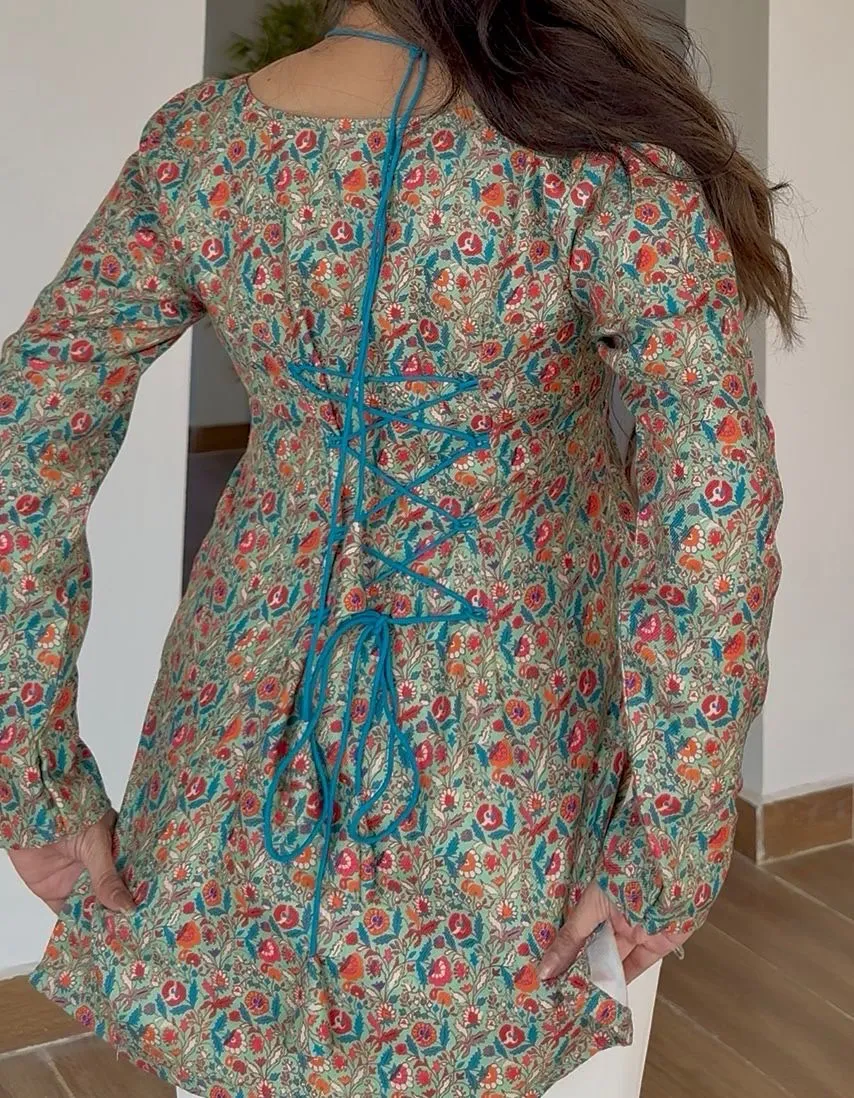 Green Floral Halter Neck Woolen Kurti view 4