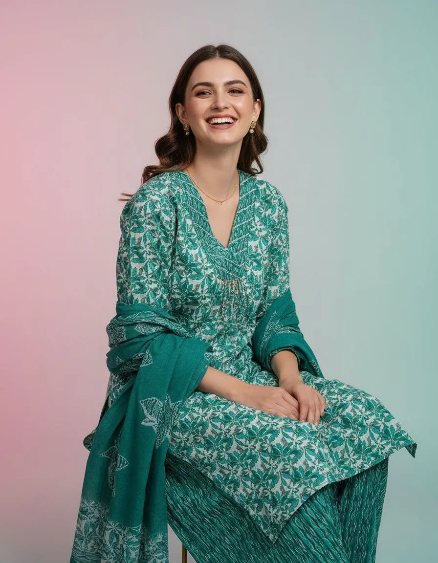 Teal Green Printed Kurta Set view 2