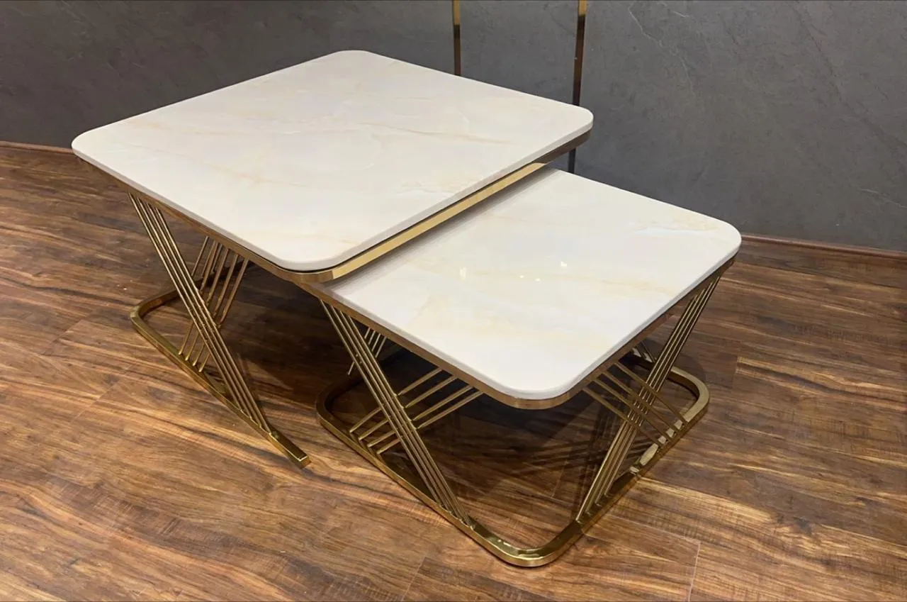 Two Set Marble Top Table With Gold Finish