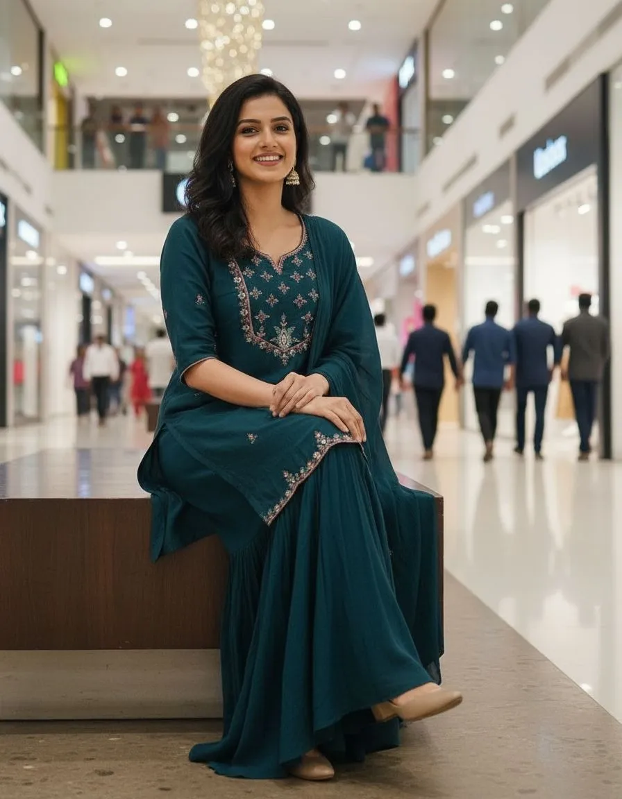 Teal Embellished Anarkali Suit view 2