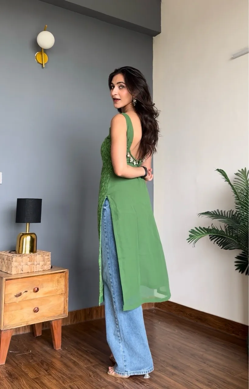 Long Chikankari Kurti - Green view 2