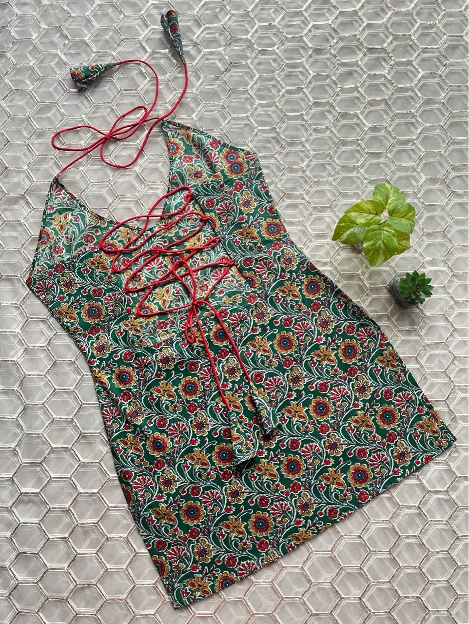 Floral Halter Neck Kurti - Green view 4