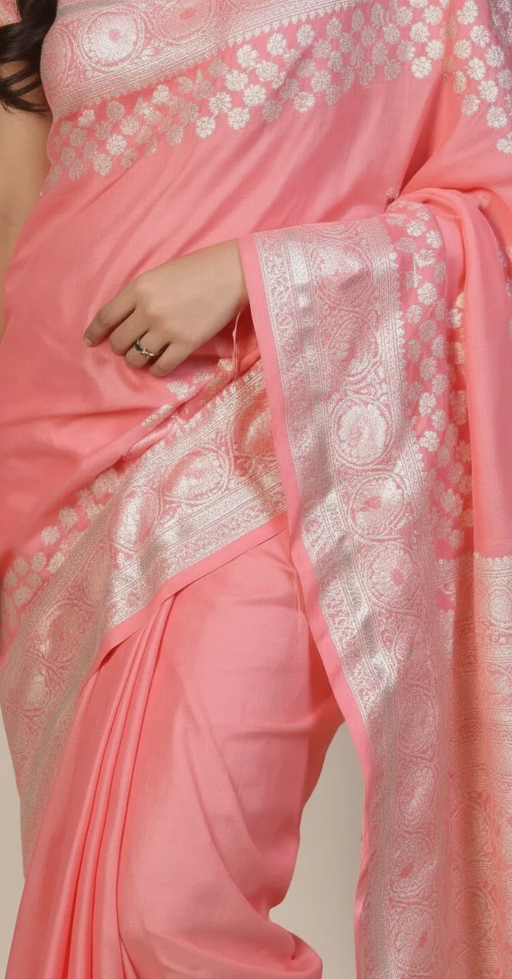 Embroidered Banarasi Pink Saree view 3