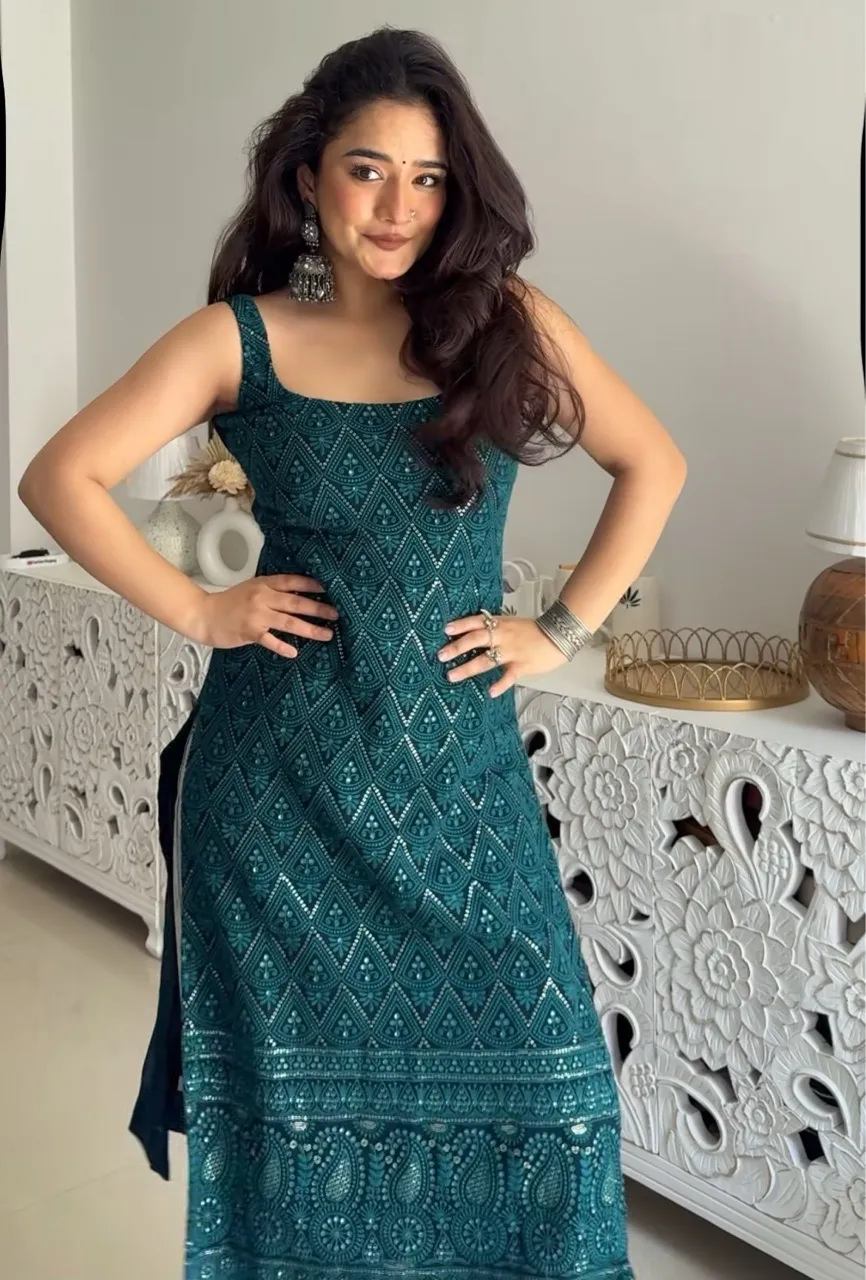 Long Chikankari Kurti- Teal view 4